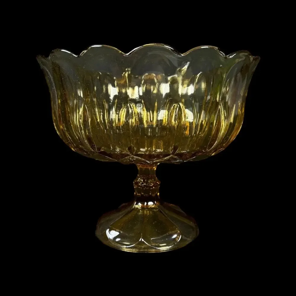 Vintage Amber Scalloped Edge Pedestal Bowl heavy weighted yellow glass